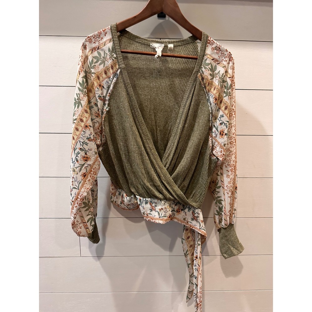 Blu Pepper Womens XS Olive Green Waffle Knit Floral Wrap Top Mixed Media Boho